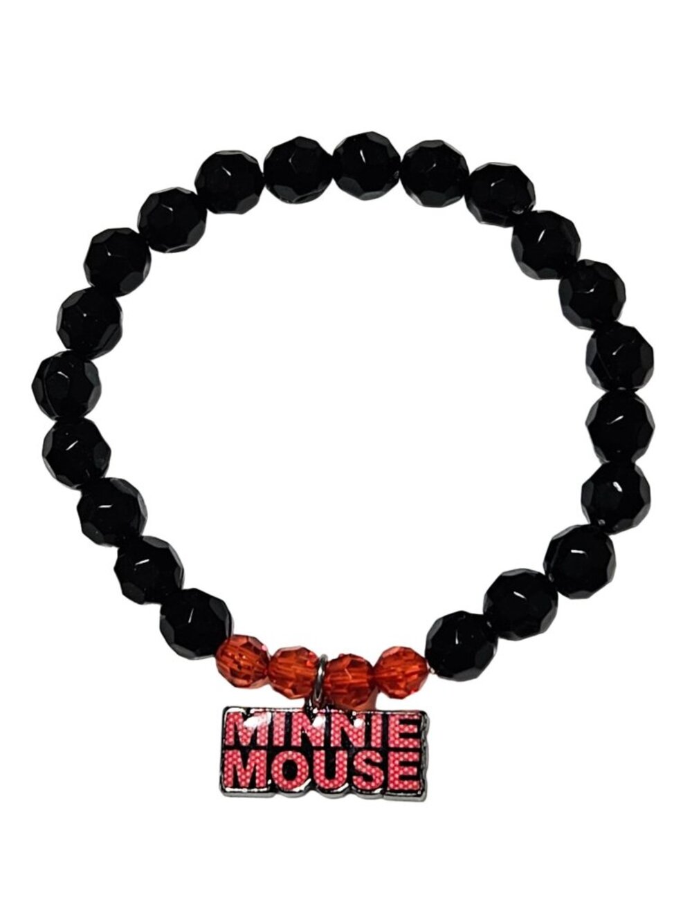 Disney Minnie Mouse Beaded Charm Bracelet Stretch Black Red Beads Jewelry Women